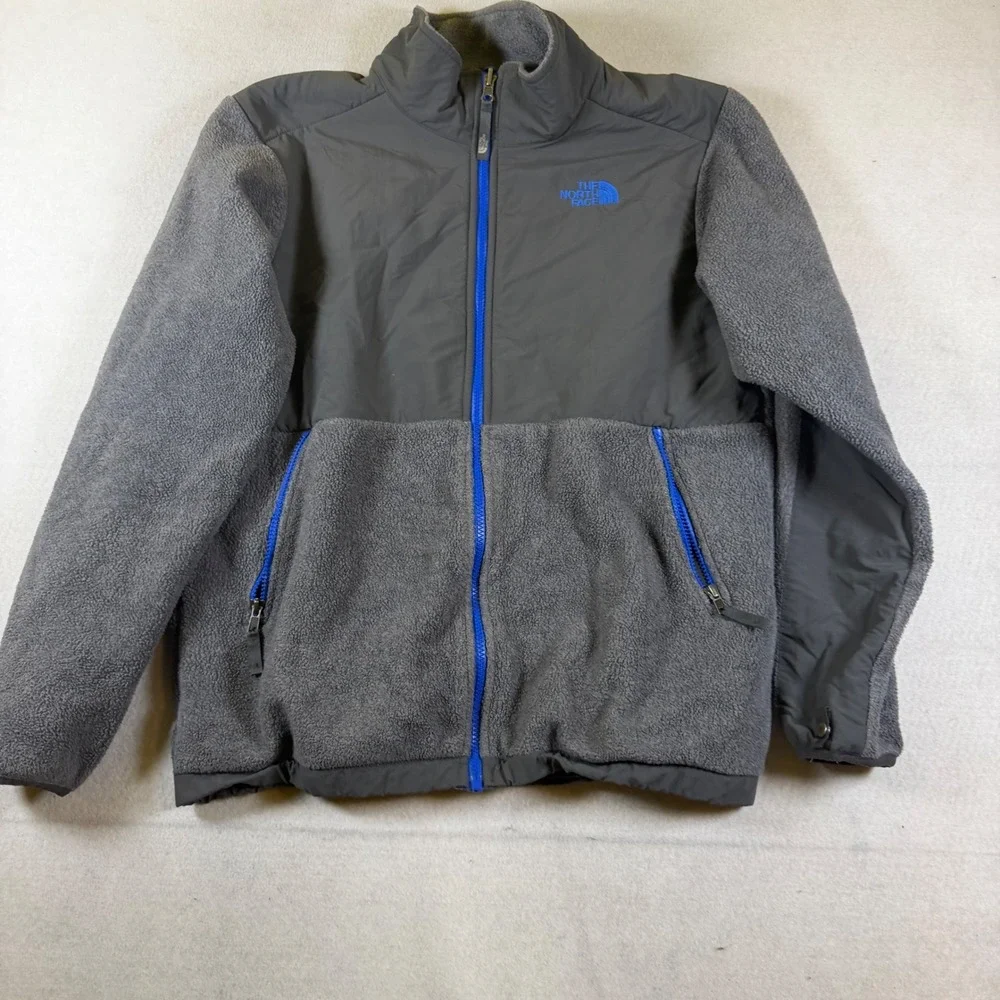 The North Face Boys XL 18/20 Grey Blue Full Zip Fleece Jacket Mixed Media Logo